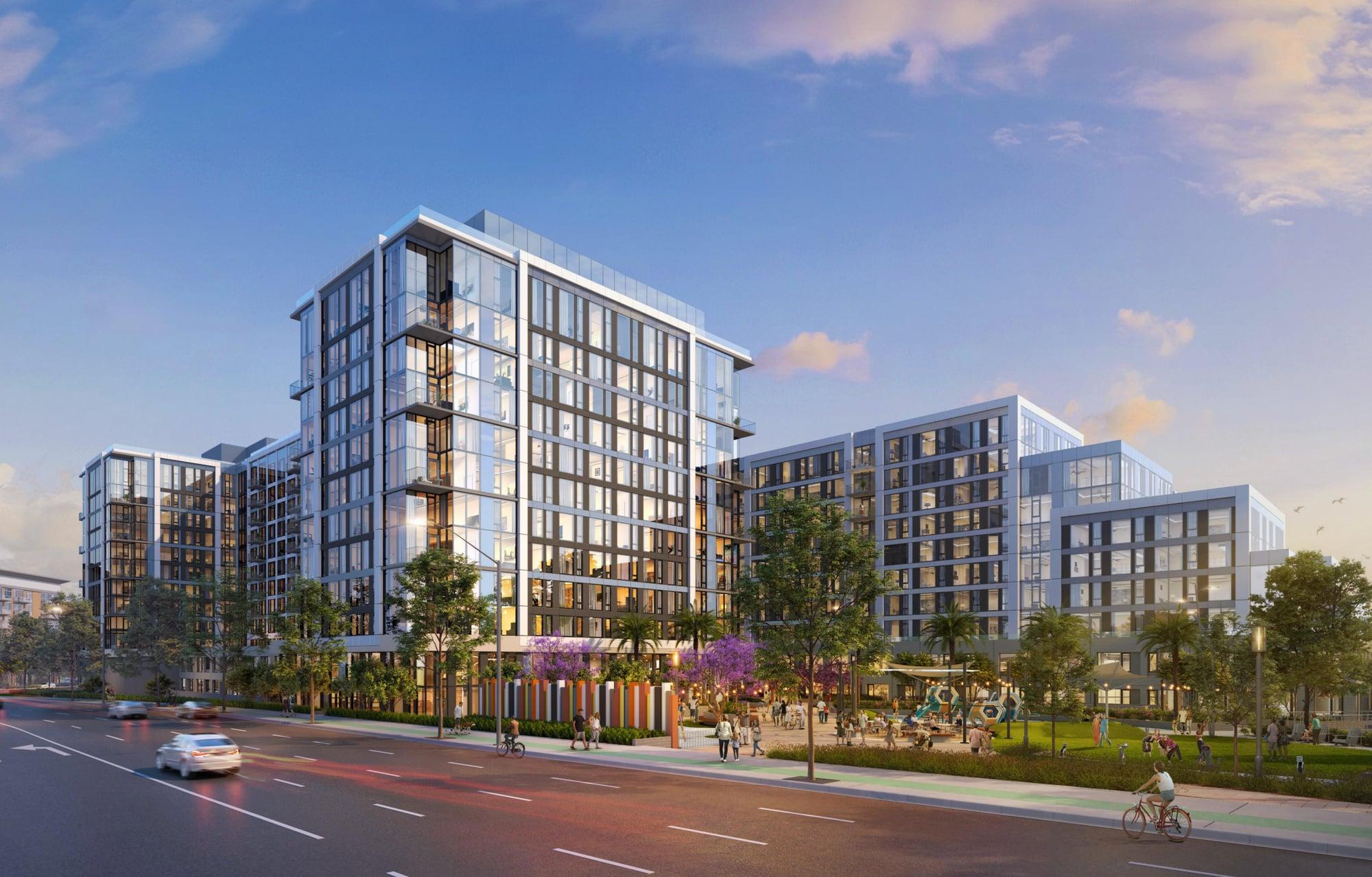 El Paseo, an architectural rendering (not a photograph of completed work) of a multi-story building complex at dusk, with a glass and metal-panel facade, a landscaped courtyard with people, and a tree-lined street