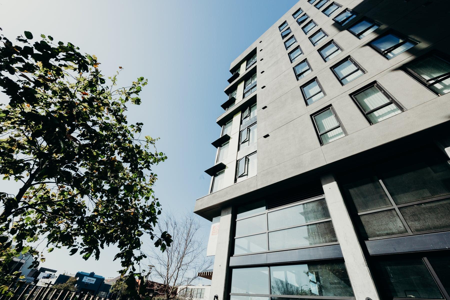 Looking up a gray paneled residential building with deep-set windows, with tree foliage in front