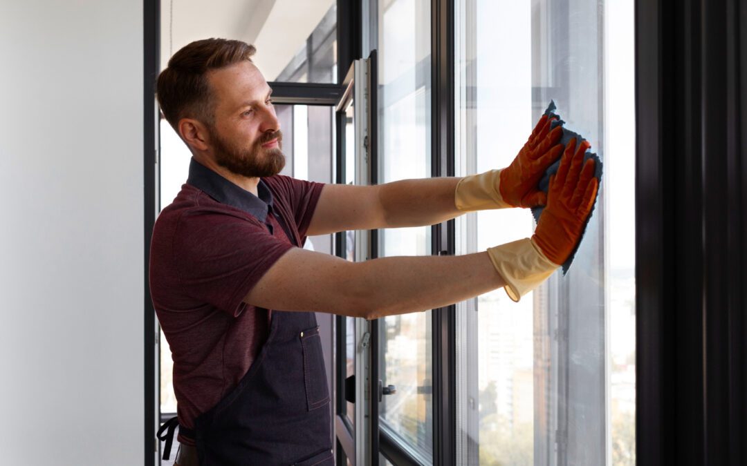 Man cleaning double-glazed windows, highlighting sustainable glazing solutions for energy efficiency and reduced carbon emissions.